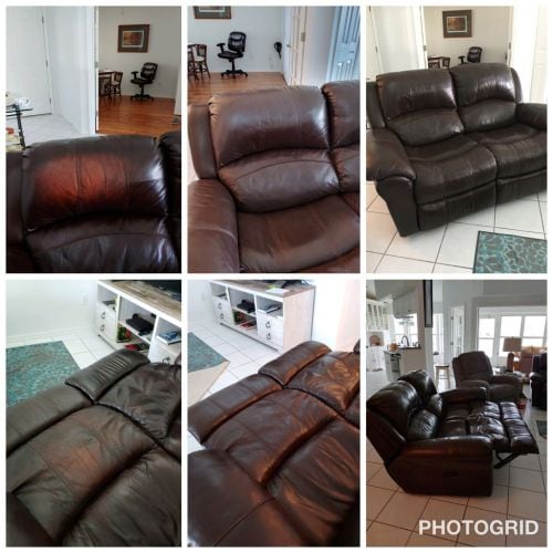 Click to view full screen Collage of faded leather furniture fixed with Rub n Restore Mahogany dye
