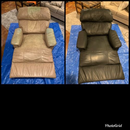Click to view full screen Collage of leather recliner chair changed to Black with Rub n Restore leather dye