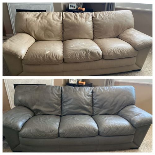 Click to view full screen Collage of beige leather couch after Slate Rub n Restore