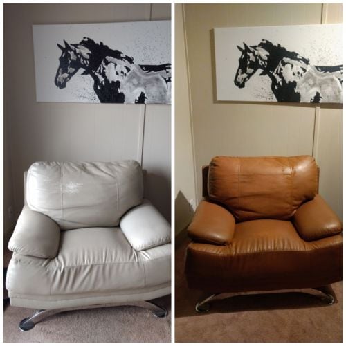 Click to view full screen Before-after photo of white leather chair changed to cognac with Rub n Restore