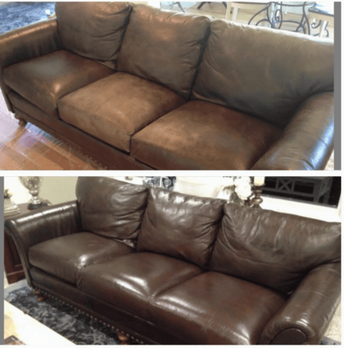 Click to view full screen Before and after of 14 year old leather couch restored with Espresso RubnRestore