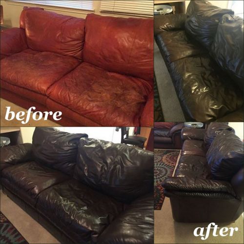 Click to view full screen Before photos of worn red leather couch and photos after Espresso Rub n Restore leather dye
