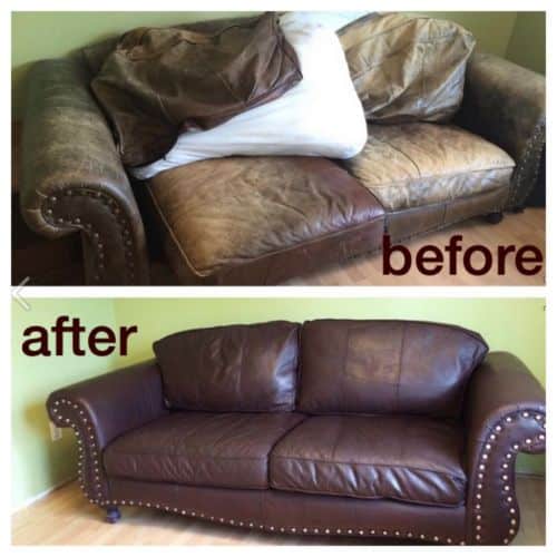 Click to view full screen Before and after photo of a leather couch that has been recolord.