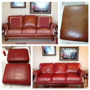 Click to view full screen Collage showing before and after photos of faded couch restored with Rub n Restore Red Chili